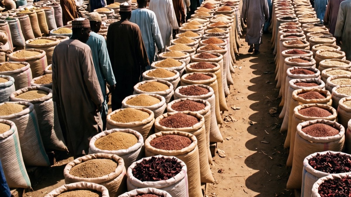 Rows of open sacks of grain and dried produce in a northern Nigerian market