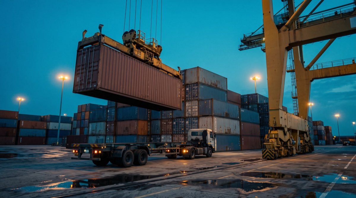 A gantry crane lowering a shipping container onto a waiting truck trailer at a port yard