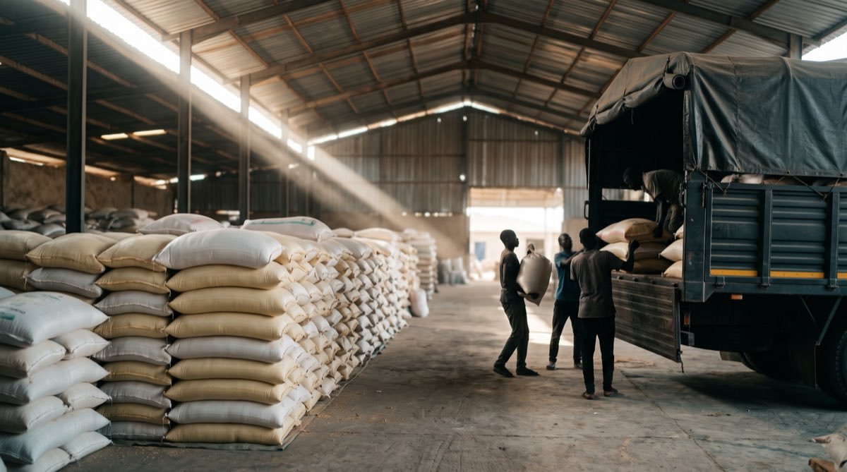 Sacks being stacked into the back of a covered trailer at a loading bay